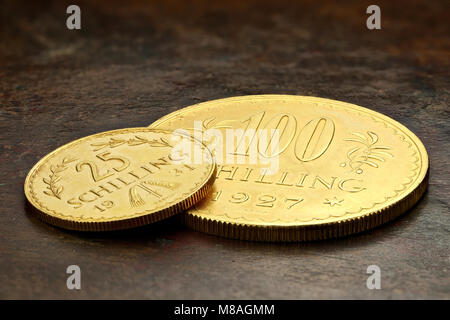 Schilling autrichien et 25 100 pièces d'or sur fond de bois rustique Banque D'Images