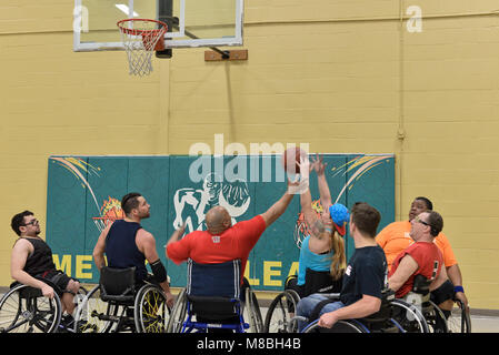 Airman Senior Karah Behrend, Air Force guerrier blessé, atteint pour une reprise tout en jouant au basket-ball en fauteuil roulant pour commencer la pratique, le 13 février 2018 à Comté de Baltimore, Md. Behrend a été la formation dans plusieurs sports adaptés depuis avril 2017 pour l'équipe de 2018 blessés en procès Nellis AFB, Nevada Banque D'Images