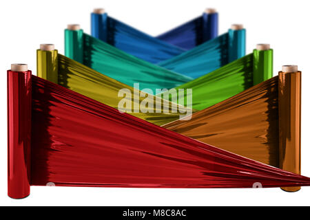 Les rouleaux de film extensible coloré au fond blanc isolé Banque D'Images