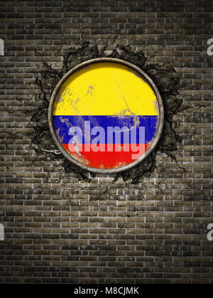 Le rendu 3D d'un drapeau de la Colombie sur une plaque métallique rouillée embarqué sur un vieux mur de brique Banque D'Images