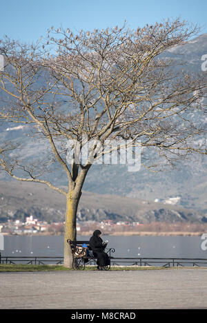 Nonne orthodoxe avec téléphone assis sur un banc sous un grand arbre au bord du lac Pamvotis. L'Épire, Grèce. Banque D'Images