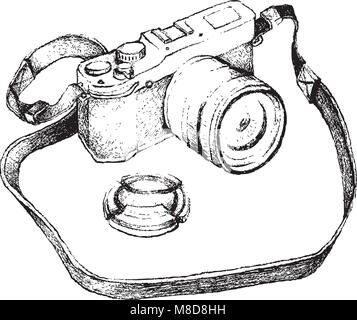 Illustration de l'esquisse dessinée à la main de l'appareil photo numérique moderne professionnel isolé sur un fond blanc. Illustration de Vecteur