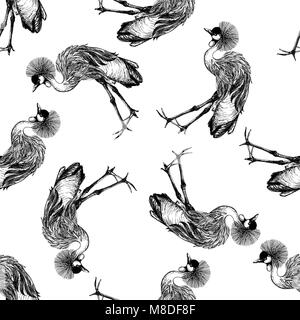 Motif de la main transparente style croquis grue couronnée. Vector illustration isolé sur fond blanc. Illustration de Vecteur