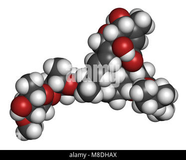 L'abamectine molécule insecticide. Le rendu 3D. Les atomes sont représentés comme des sphères classiques avec codage couleur : blanc (hydrogène), carbone (gris), l'oxygène Banque D'Images
