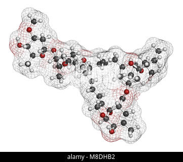 L'abamectine molécule insecticide. Le rendu 3D. Les atomes sont représentés comme des sphères classiques avec codage couleur : blanc (hydrogène), carbone (gris), l'oxygène Banque D'Images