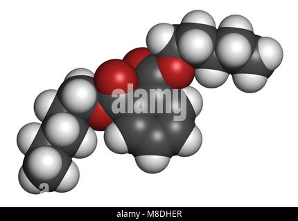 Di-n-pentyl phtalate (DNPP) molécule de plastifiant. Le rendu 3D. Les atomes sont représentés comme des sphères classiques avec codage couleur : blanc (hydrogène), ca Banque D'Images