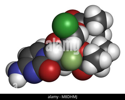 Lumicitabine LSG molécule pharmaceutique. Le rendu 3D. Les atomes sont représentés comme des sphères classiques avec codage couleur : blanc (hydrogène), carbone (gris), nitrog Banque D'Images