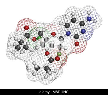 Lumicitabine LSG molécule pharmaceutique. Le rendu 3D. Les atomes sont représentés comme des sphères classiques avec codage couleur : blanc (hydrogène), carbone (gris), nitrog Banque D'Images