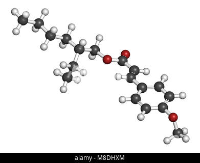 Octyl methoxycinnamate (octinoxate) molécule d'un écran solaire. Le rendu 3D. Les atomes sont représentés comme des sphères classiques avec codage couleur : blanc (l'hydrogène Banque D'Images