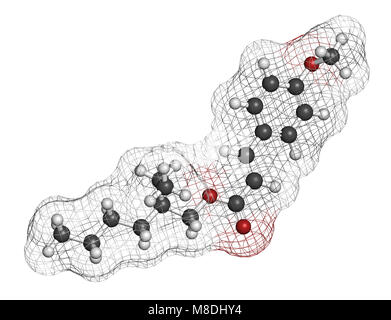 Octyl methoxycinnamate (octinoxate) molécule d'un écran solaire. Le rendu 3D. Les atomes sont représentés comme des sphères classiques avec codage couleur : blanc (l'hydrogène Banque D'Images