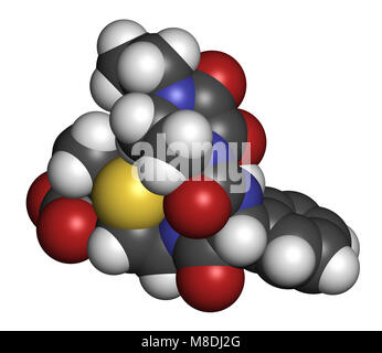 Antibiotique pipéracilline molécule pharmaceutique. Le rendu 3D. Les atomes sont représentés comme des sphères classiques avec codage couleur : blanc (hydrogène), carbone (gris), Banque D'Images