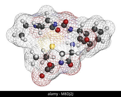 Antibiotique pipéracilline molécule pharmaceutique. Le rendu 3D. Les atomes sont représentés comme des sphères classiques avec codage couleur : blanc (hydrogène), carbone (gris), Banque D'Images