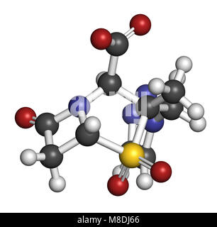 Tazobactam molécule pharmaceutique. Inhibiteur des bêta-lactamases bactériennes enzymes. Le rendu 3D. Les atomes sont représentés comme des sphères avec codage couleur classiques Banque D'Images