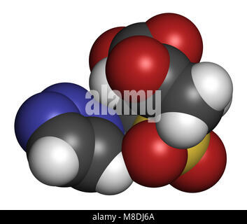 Tazobactam molécule pharmaceutique. Inhibiteur des bêta-lactamases bactériennes enzymes. Le rendu 3D. Les atomes sont représentés comme des sphères avec codage couleur classiques Banque D'Images