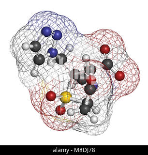 Tazobactam molécule pharmaceutique. Inhibiteur des bêta-lactamases bactériennes enzymes. Le rendu 3D. Les atomes sont représentés comme des sphères avec codage couleur classiques Banque D'Images