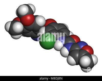 Tivozanib molécule des médicaments contre le cancer. Le rendu 3D. Les atomes sont représentés comme des sphères classiques avec codage couleur : blanc (hydrogène), carbone (gris), nitrog Banque D'Images