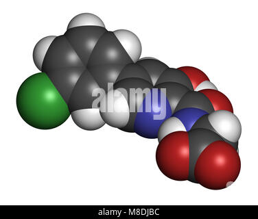 Vadadustat molécule pharmaceutique. Le rendu 3D. Les atomes sont représentés comme des sphères classiques avec codage couleur : blanc (hydrogène), carbone (gris), l'azote (b Banque D'Images