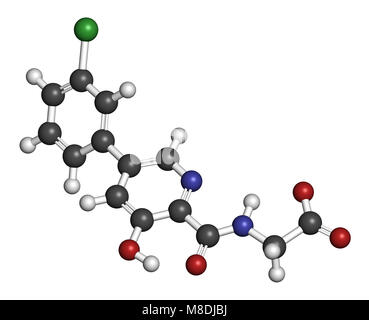 Vadadustat molécule pharmaceutique. Le rendu 3D. Les atomes sont représentés comme des sphères classiques avec codage couleur : blanc (hydrogène), carbone (gris), l'azote (b Banque D'Images