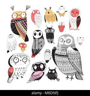 Joyeux Vector collection de chouettes graphiques sur un fond blanc. Caractères pour les cartes postales, affiches et sites. Illustration de Vecteur