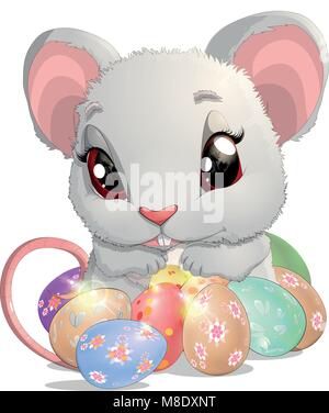 Souris de Pâques avec un grand panier d'œufs Illustration de Vecteur