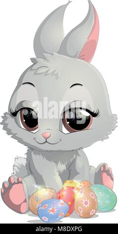 Lapin de Pâques magnifique avec un grand panier d'œufs Illustration de Vecteur