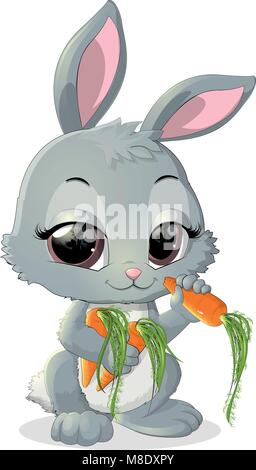 Beau lapin mignon assis sur une souche dans une clairière Illustration de Vecteur