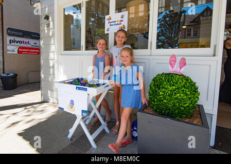 Sydney, Australie, 17 mars 2018 jeunes débrouillards, Holly Bolin et son amie Lulu Darling année 4 et Charlotte Bolin (maternelle) de l'école publique du Nord Turramurra sont représentés la vente de chocolats de Pâques, beaucoup de succès à Wahroonga boutiques aujourd'hui à Sydney. Ils sont la collecte de fonds pour de nouveaux tableaux blancs intelligents pour leur école. Contributeur : Stephen Dwyer / Alamy Stock Photo Banque D'Images