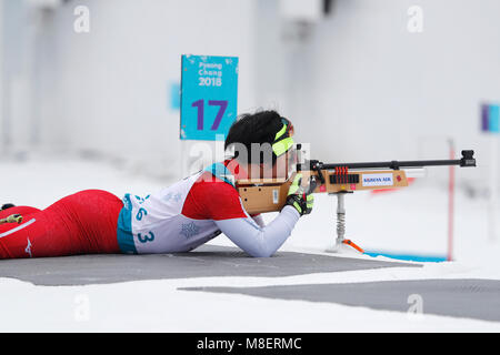 Pyeongchang, Corée du Sud. Mar 16, 2018. Masaru Hoshizawa (JPN) Biathlon : Men's 15 km debout à Alpensia PyeongChang pendant le Centre de biathlon 2018 Jeux paralympiques d'hiver de 2010 à Pyeongchang, Corée du Sud . Credit : Yusuke Nakanishi/AFLO SPORT/Alamy Live News Banque D'Images