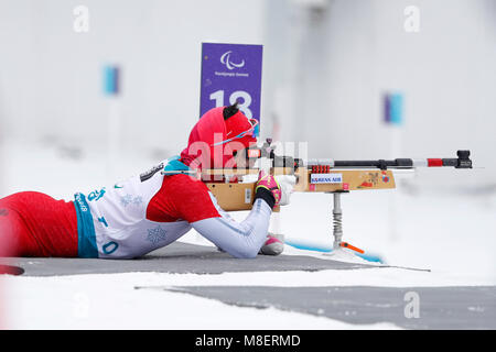 Pyeongchang, Corée du Sud. Mar 16, 2018. Keiichi Sato (JPN) Biathlon : Men's 15 km debout à Alpensia PyeongChang pendant le Centre de biathlon 2018 Jeux paralympiques d'hiver de 2010 à Pyeongchang, Corée du Sud . Credit : Yusuke Nakanishi/AFLO SPORT/Alamy Live News Banque D'Images