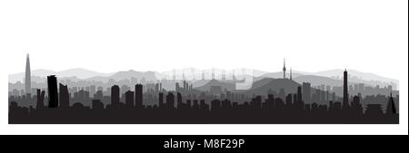 Vue sur l'horizon de la ville de Séoul, République de Corée du Sud. Urbain coréen vue panoramique. Vue urbaine avec célèbre bâtiment ossature Illustration de Vecteur