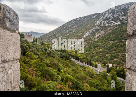 Puissants murs et tours en travers de la presqu'île, vue sur la ville de Ston, sur la péninsule de Peljesac en Croate Dalmatie du sud Banque D'Images