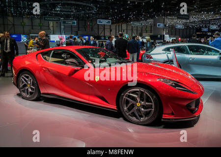 Genève, SUISSE - Le 7 mars 2018 : Ferrari 812 Superfast voiture de sport illustré à la 88e Salon International de l'Automobile de Genève. Banque D'Images