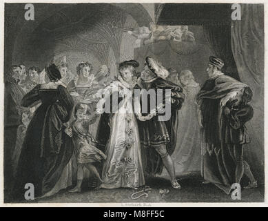 C Antique1830 gravure, le roi Henri le huitième Première rencontre avec Anne Boleyn. SOURCE : gravure originale Banque D'Images