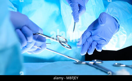 Chirurgiens hands holding surgical scissors et passant le matériel chirurgical, close-up. Soins de santé et vétérinaire concept Banque D'Images