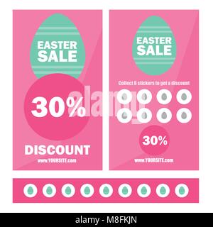 Joyeuses Pâques vente bannière avec arrière-plan géométrique, les œufs et le châssis. Coupons de promotion avec des autocollants et commode Illustration de Vecteur