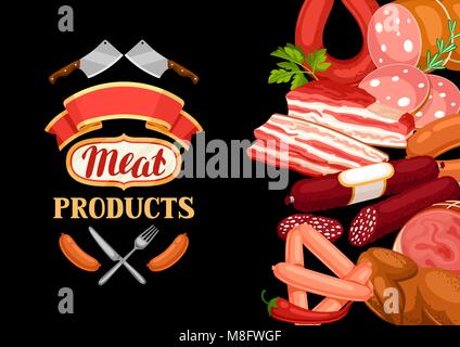 Arrière-plan avec des produits à base de viande. Illustration de saucisses, bacon et jambon Illustration de Vecteur