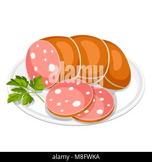 Tranches de saucisse à cuire avec des feuilles de persil on white plate Illustration de Vecteur