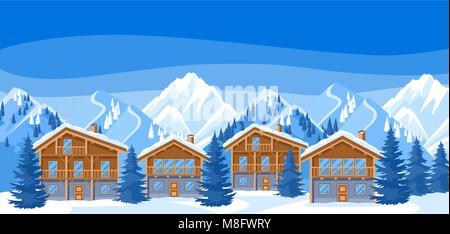 Maisons chalet alpin. Illustration d'hiver. Beau paysage avec les montagnes enneigées et des forêts de sapin Illustration de Vecteur