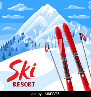 Paysage d'hiver avec le matériel de ski. Les montagnes enneigées et des forêts de sapin Illustration de Vecteur