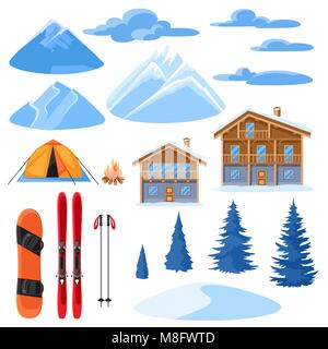 Ensemble d'hiver pour la conception. Maisons chalet alpin, snowboard, ski, montagnes de neige et de sapins Illustration de Vecteur