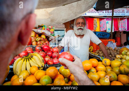 Un homme européen est l'achat d'un tour de l'horloge à apple Granate se poursuit à Jodhpur marché en Inde. Il demande au vendeur de prix. Le vendeur est un vieil homme wit Banque D'Images