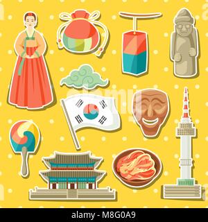 Corée icons set. Autocollant traditionnel coréen et les objets symboles Illustration de Vecteur