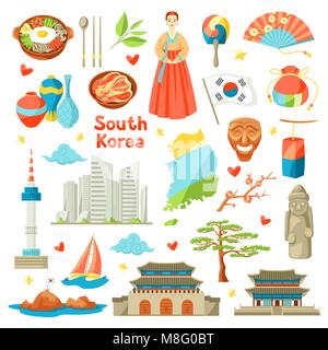 Corée du Sud icons set. Symboles et objets traditionnel coréen. Illustration de Vecteur