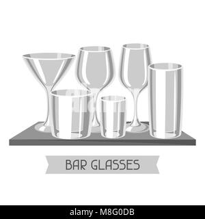 Types de verres bar. Ensemble de verrerie de l'alcool sur la tablette Illustration de Vecteur