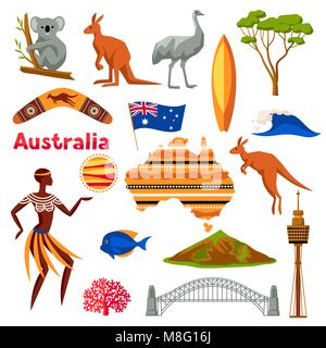 L'Australie icons set. Objets et symboles traditionnels de l'Australie Illustration de Vecteur