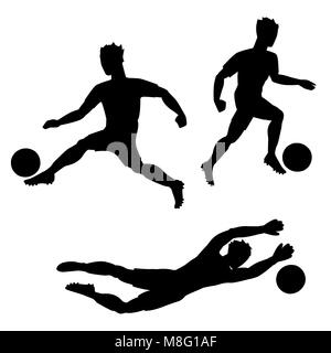 Ensemble de joueurs de football avec des ballons. Silhouettes d'hommes sur fond blanc Illustration de Vecteur