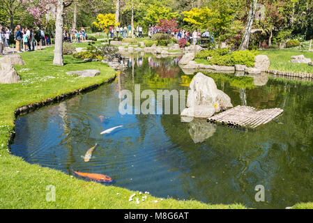 De style japonais, l'étang avec des carpes koy en natation et les personnes bénéficiant de la chaude journée ensoleillée dans les jardins de Kyoto, Holland Park, Kensington et Chelsea. Banque D'Images