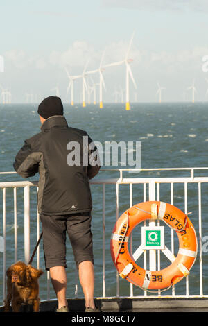 Une partie de l'éolien offshore Walney entre Cumbria et l'île de Man en mer d'Irlande, Royaume-Uni, vu de l'Ile de Man ferry. Banque D'Images