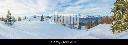 Fantastique vue panoramique sur les Dolomites depuis un sentier de raquette. Neige fraîche, poudre couvrant le sol, la neige des arbres dans la forêt, ciel bleu. Banque D'Images