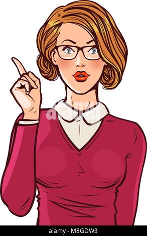 Belle jeune fille ou jeune femme avec l'index. Pin-up, concept d'entreprise. Pop art retro style bande dessinée. Cartoon vector illustration Illustration de Vecteur